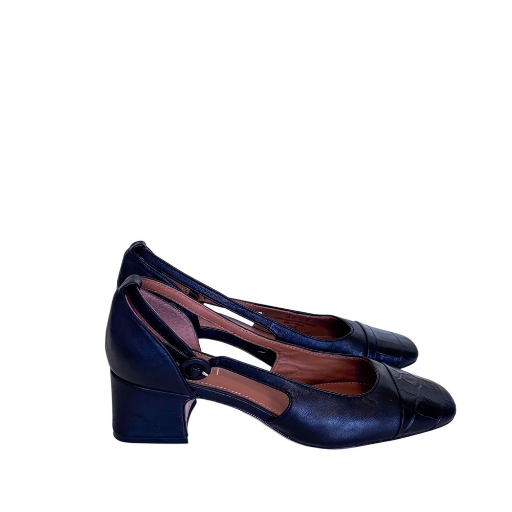 J McLaughlin Callie Slingback Pumps 6M Black Leather Croc Embossed Block Heel